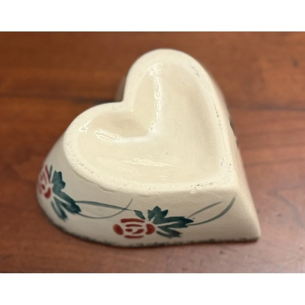 Vintage Chaparral Pottery USA Heart Shaped Dish Bowl Green Spongeware‎ Rose